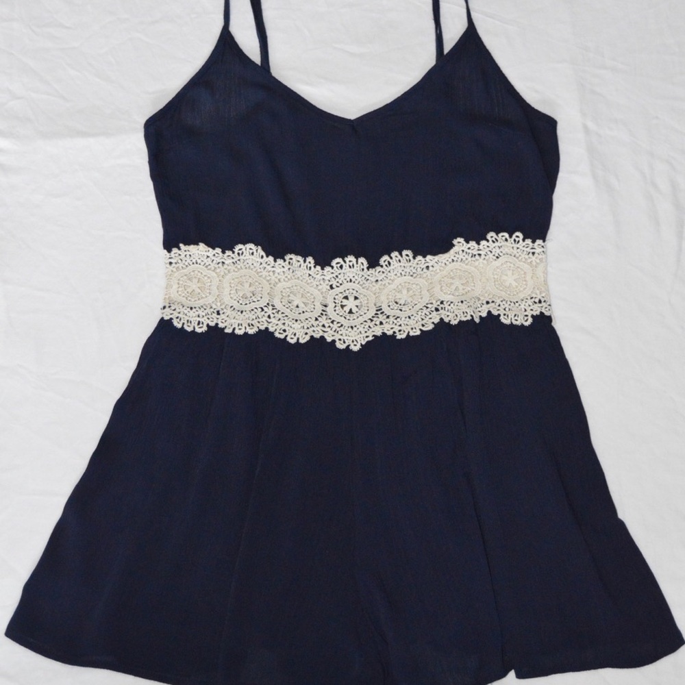 Navy Blue Flowy Romper with Lace